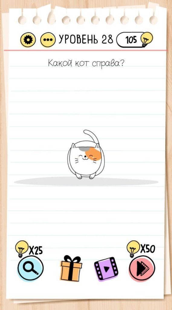 Какой кот справа? 28 уровень Brain Test